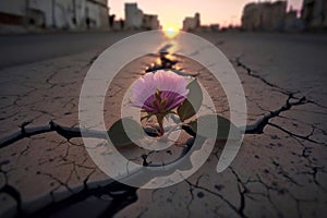 Close up, Pink flower growing on crack street sunset background Generative AI