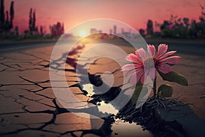 Close up, Pink flower growing on crack street sunset background Generative AI