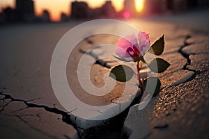Close up, Pink flower growing on crack street sunset background Generative AI