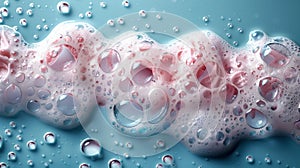 Close up pink foam bubble on blue background. Soap sud photo