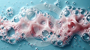 Close up pink foam bubble on blue background. Soap sud photo