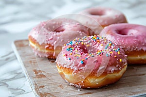 A close-up of pink-frosted donuts with colorful sprinkles on a cooling rack. Perfect for celebrating National Donut Day photo