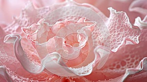 A close up of a pink fungi or flower with white frills on it, AI