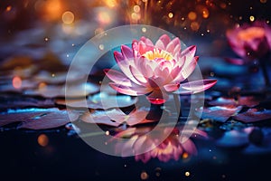 close up pink lotus flower on the water in the dark glowing bokeh