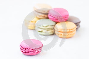 Close up of  pink  macarons on the white  table