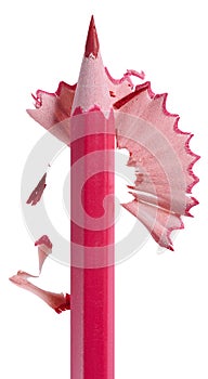 Close-up of pink pencil with sharpened tip and shavings