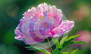 Close-up of a pink peony in full bloom in a garden