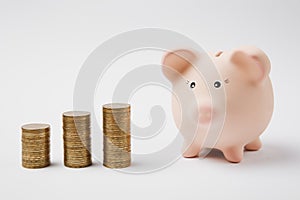 Close up of pink piggy money bank, stacks of golden coins isolated on white wall background. Money accumulation