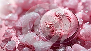 A close up of a pink powder compact sitting on top of some rocks, AI