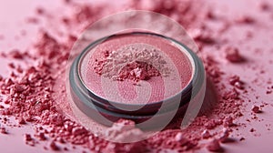 A close up of a pink powder compact with some loose pigment, AI