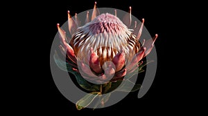 Close-up of pink protea flower on black background