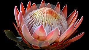 Close-up of pink protea flower on black background