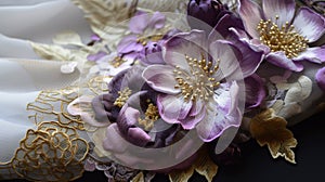 Close up of pink and purple flowers on white fabric with gold embroidery, Generative AI