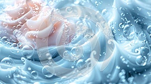 Close-up of a pink rose submerged in a clear liquid with bubbles