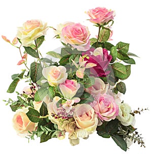 Close up of pink roses flowers bouquet isolated white background