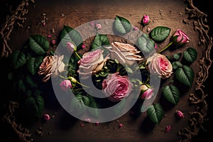 Close-up of pink roses on wooden table, ai generated