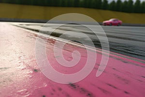 A close up of a pink sports car breezing around a wide corner on a wet tarmac raceway. Speed drive concept. AI photo
