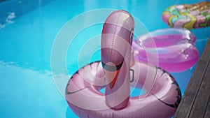 Close-up pink swimming ring in shape of swan in blue swimming pool at resort outdoors. Inflatable water toy in sunshine