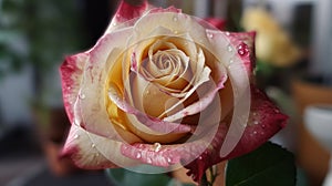 a close up of a pink and yellow rose with drops of water on it's petals and a green plant in the back ground