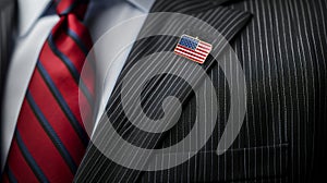 Close-up of a pinstriped suit, red striped tie, and American flag lapel pin