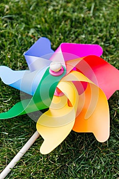 close up of pinwheel on green lawn or grass
