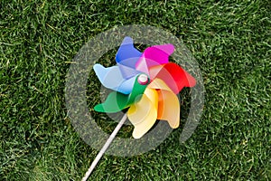 close up of pinwheel on green lawn or grass