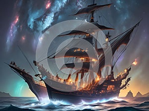 Close-up of a pirate vessel sailing the sea under a mesmerizing night sky with a galaxy. Ship sailing wall art