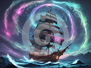 Close-up of a pirate vessel sailing the sea under a mesmerizing night sky with a galaxy. Ship sailing wall art