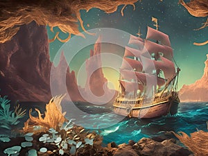 Close-up of a pirate vessel sailing the sea under a mesmerizing night sky with a galaxy. Ship sailing wall art