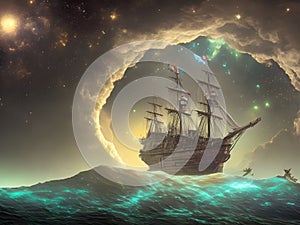 Close-up of a pirate vessel sailing the sea under a mesmerizing night sky with a galaxy. Ship sailing wall art