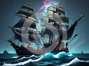 Close-up of a pirate vessel sailing the sea under a mesmerizing night sky with a galaxy. Ship sailing wall art