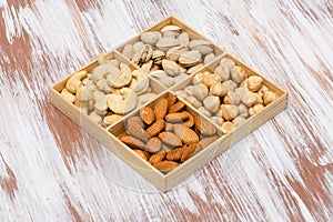 Close-up of pistachios in a wooden box