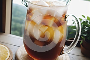 Close-up of a pitcher of iced tea in sunlight