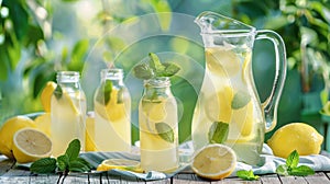 Close-up of Pitcher Lemonade Lemons Mint Leaves