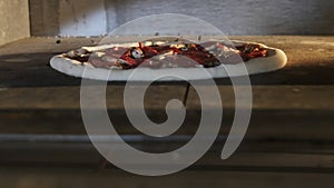 Close-up of Pizza being Cooked in a Restaurant Oven. Appetizing Raw Pizza Dough