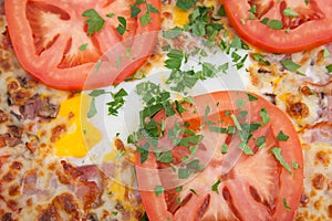 Close up of pizza with egg and fresh tomato