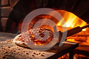 close-up of pizza peel sliding into brick oven
