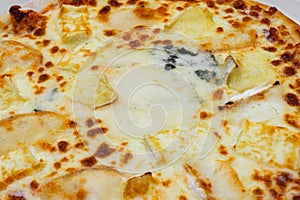 Close-up of pizza topped with different types of cheese. Macro shot of delicious products. Four cheeses pizza.