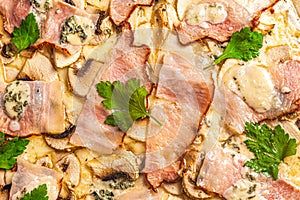 Close up of pizza topping. Macro photo of a pizza topping