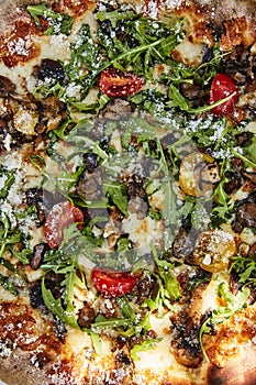 Close up of pizza with truffle, rocket, cherry tomatoes and italian cheeses
