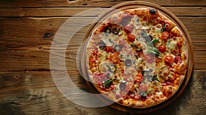 Close-up pizza wooden plate table