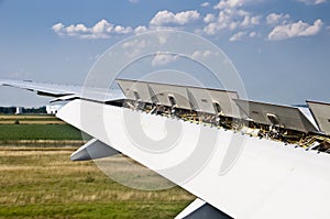 Close up on plane wing spoiler