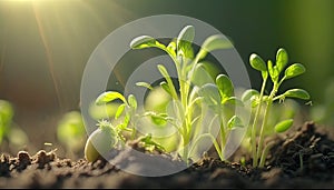 a close up of a plant growing in dirt with the sun shining in the background.