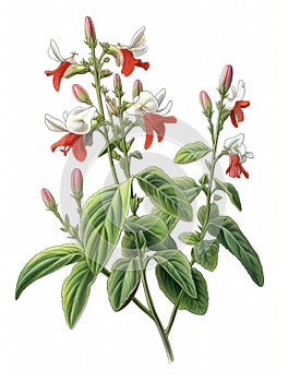 Close-up of plant with red and white flowers. It is surrounded by green leaves, which are also part of overall