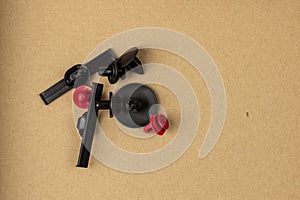 Close-up of plastic colored clips for car.Abstract background. Panel plastic rivets, Auto plastic clips