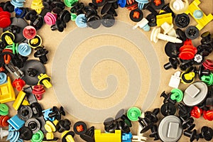 Close-up of plastic colored clips for car.Abstract background. Panel plastic rivets, Auto plastic clips