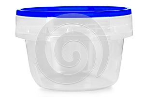 close up Plastic food cup with blue lid isolated on white background