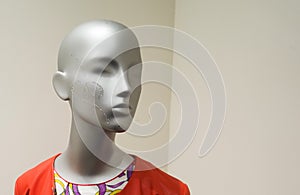 Close-up of a plastic mannequin head in a shop window