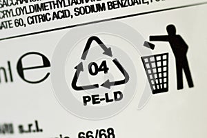 Close-up of plastic recycling symbol 04 PE-LD Low-density polyethylene