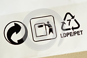 Close-up of plastic recycling symbol 7 LDPE/PET Low-density polyethylene